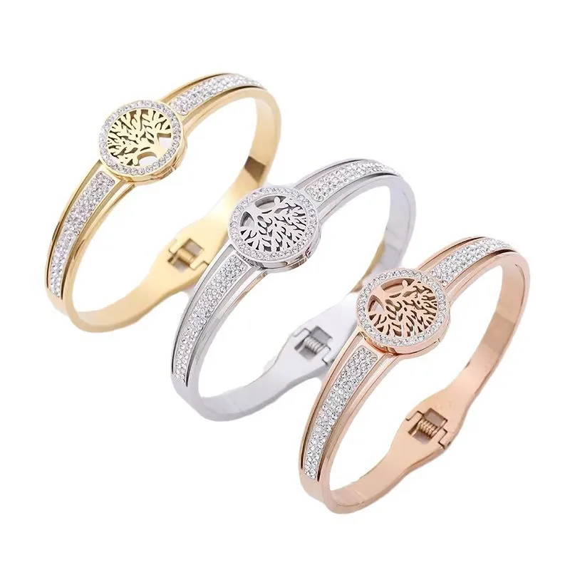 Tree Of Life Bangle Bracelet Stainless Steel Rhinestone Inlaid Elegant Fashion Jewelry For Women