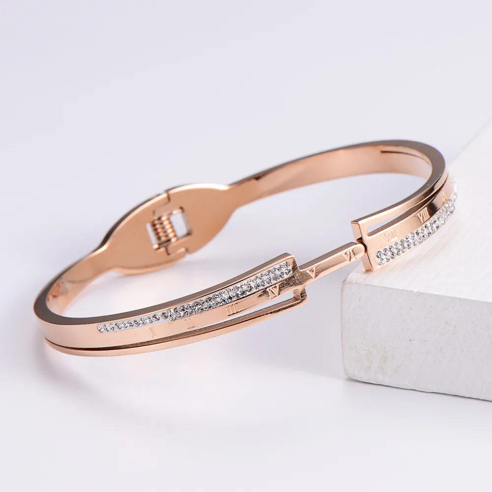 Roman Numeral Bangle Bracelet 316L Stainless Steel Rhinestone Inlaid Gold Plated Jewelry For Women Elegant Accessories