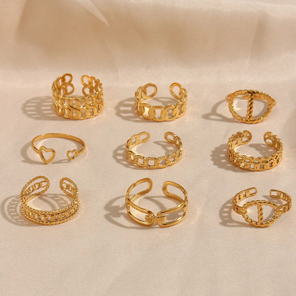Stainless Steel Rings For Women 18K Gold Plated Open Adjustable Geometric Heart Chain Vintage Fashion Jewelry