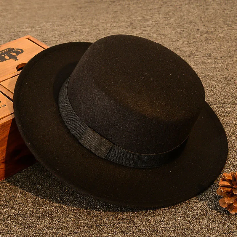 Vintage Woolen Boater Hat For Men Women Flat Top Wide Brim British Style Felt Fedora Hat Winter Warm Panama Cap