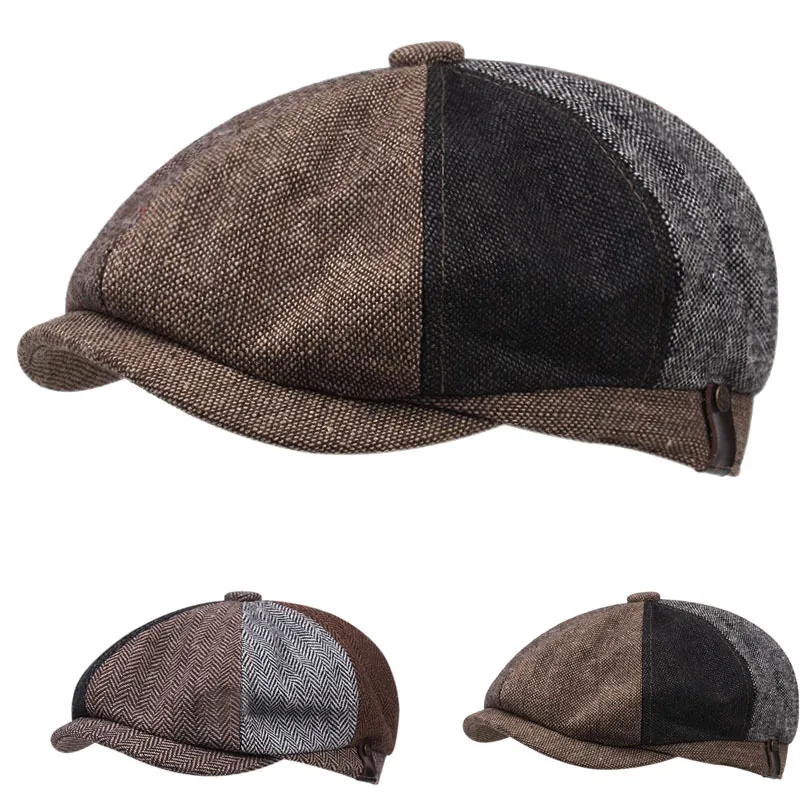 Men Vintage Newsboy Cap British Style Patchwork Herringbone Pattern Wool Like Acrylic Gatsby Hat Autumn Winter Retro
