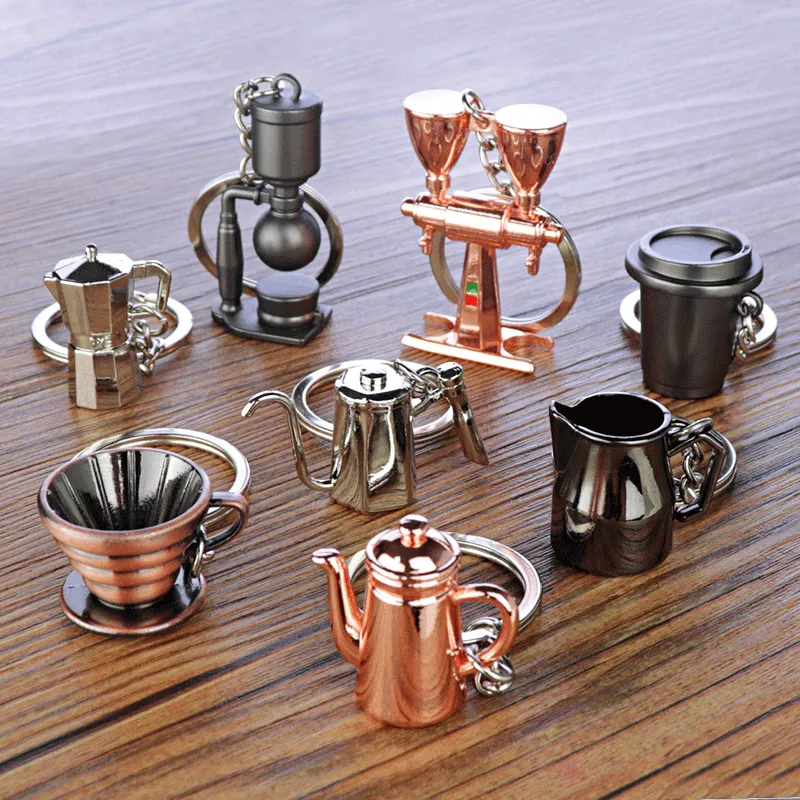 Coffee Tool Keychain Metal 3D Miniature Moka Pot Siphon Espresso Handle Tamper Milk Jug Barista Gift