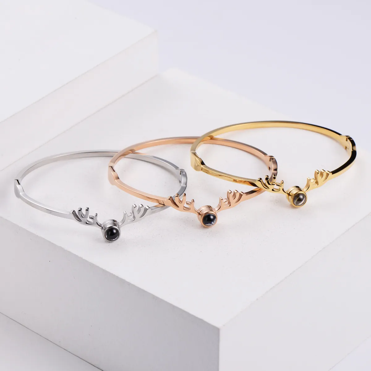 Bracciale Rigido Corna Di Cervo Acciaio Inossidabile 316 Pietra Di Proiezione Gioielli Di Moda Romantici Per Donna