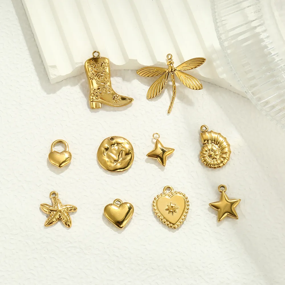 Stainless Steel Charms Pendants 18K Gold Plated Dragonfly Starfish Heart Boot For DIY Jewelry Making