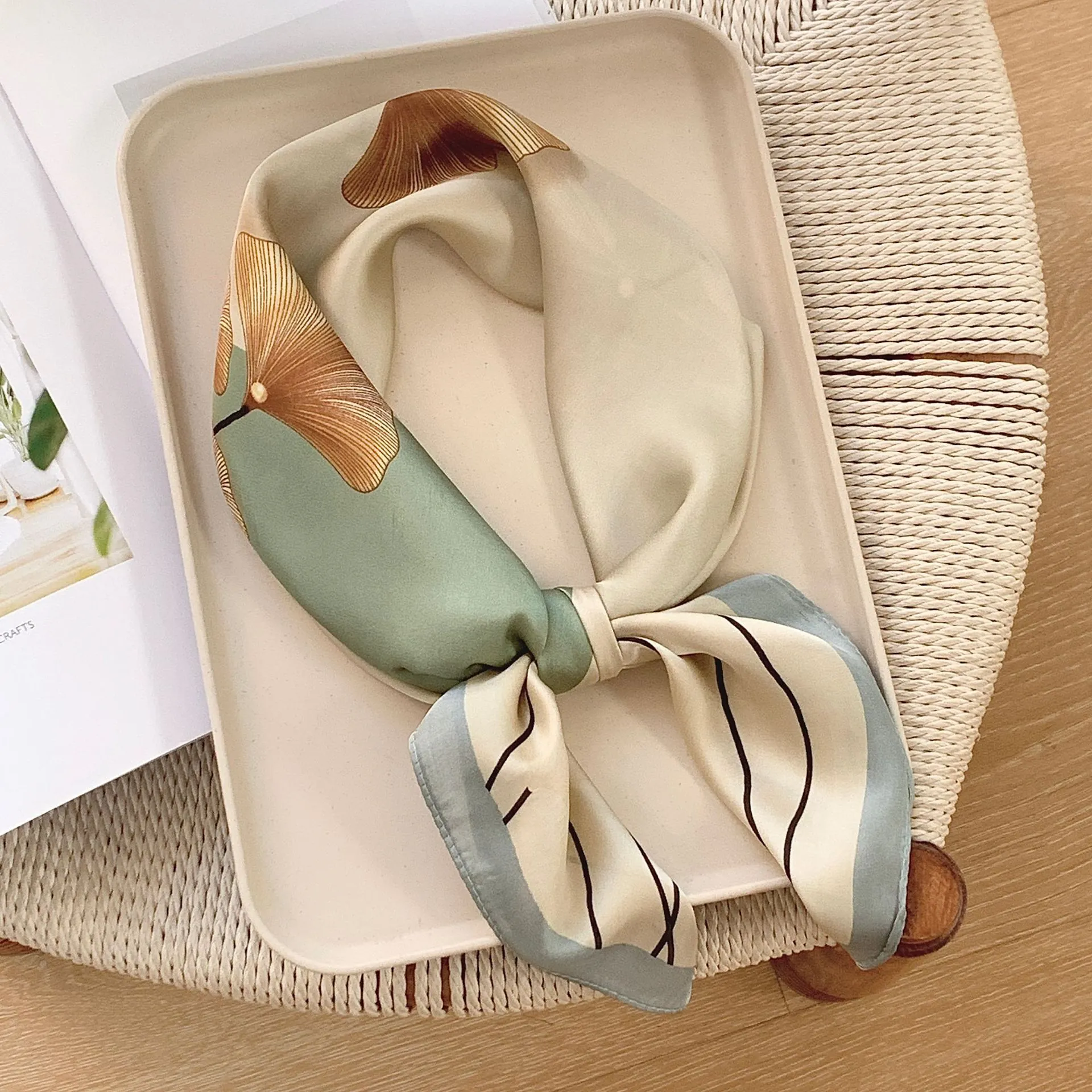 Elegant Square Scarf Ginkgo Leaf Print Polyester Satin Like Fashion Neck Head Accessory Handbag Wrap For Women