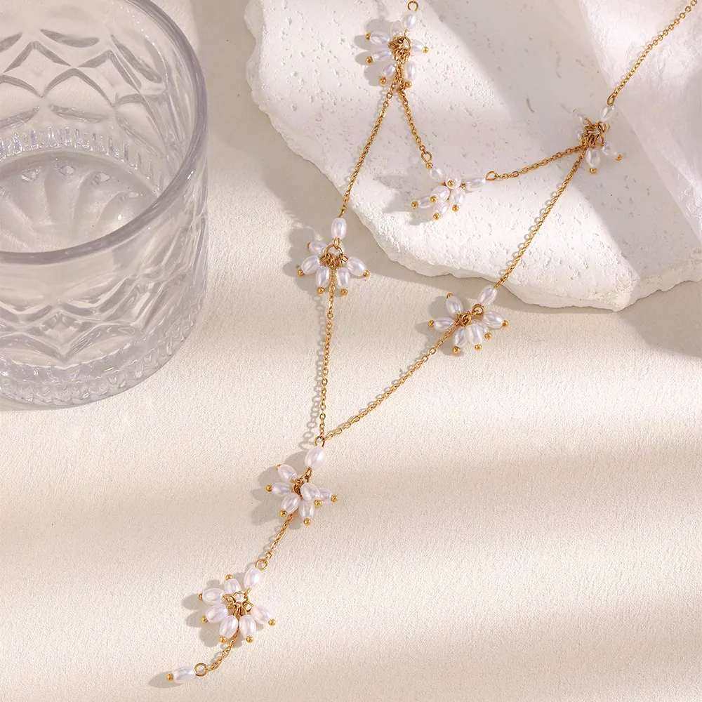 Stainless Steel Flower Lariat Necklace 18K Gold Plated Woven Imitation Artificial Pearl Tassel Y Shape Elegant Niche For Women