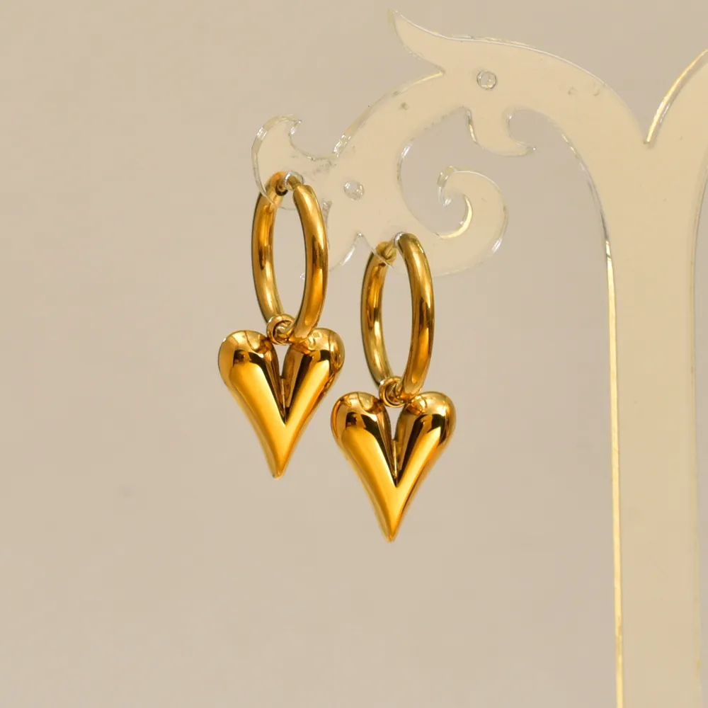 Heart Pendant Hoop Earrings 18K Gold Plated Stainless Steel 3D Minimalist Trendy Jewelry For Women