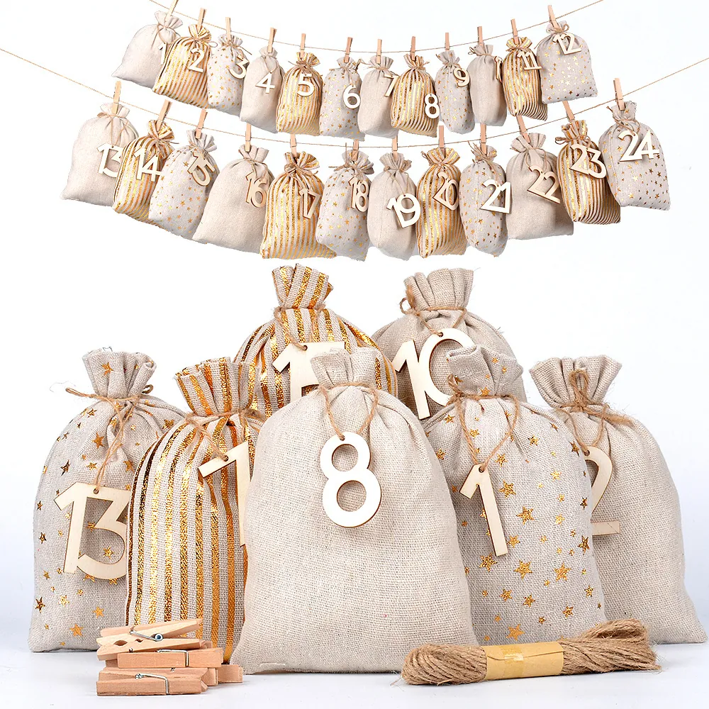 Kerst Adventskalender Zakken Set Katoen Linnen Trekkoord Cadeauzakjes Met Houten Clips Jute Touw Goud Ster Streep Bedrukte Zakken Voor Kerstmis Decor