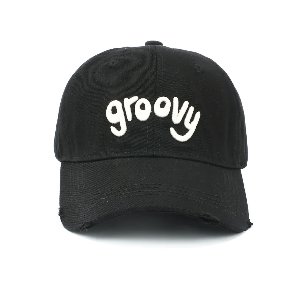 Vintage Distressed Cotton Baseball Cap Groovy Letter Embroidery Ripped Brim Adjustable Sun Protection Hat