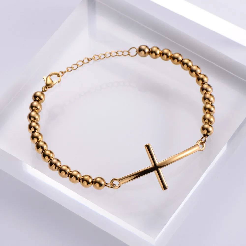 Minimalist 18K Gold Plated 316L Stainless Steel Beaded Bracelet Horizontal Cross Religious Jewelry For Women