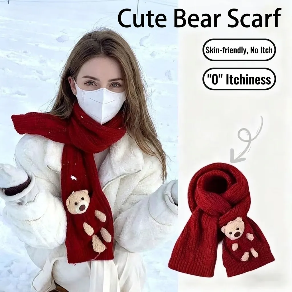 Knitted Winter Scarf Soft Warm Christmas Neck Warmer Cartoon Bear Reindeer Pattern Accessory For Women Girls Holiday Gift