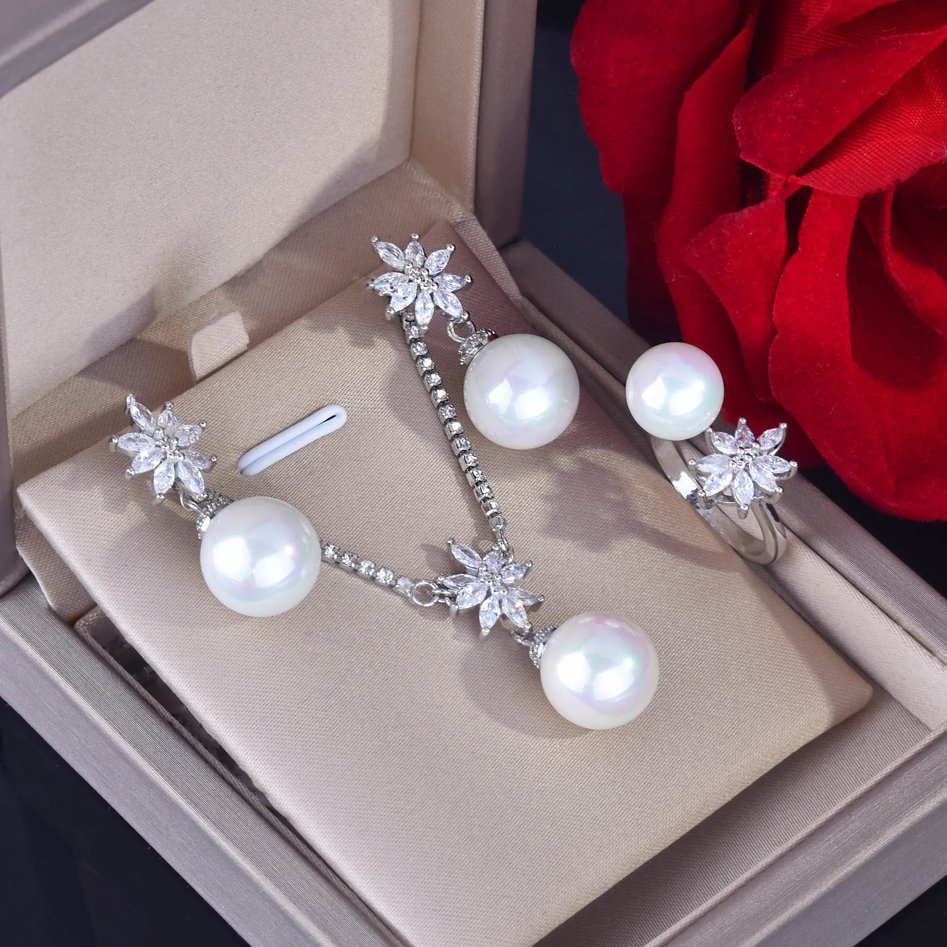 Flower Necklace Earrings And Ring Copper Silver Plated White Faux Freshwater Pearl Cubic Zirconia Elegant Accessory For Women