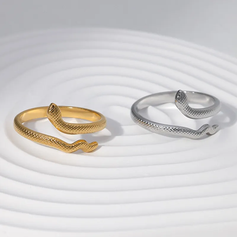 Snake Shaped Adjustable Ring Stainless Steel Animal Wrap Band Scale Texture Punk Gothic Fashion Jewelry For Men Women