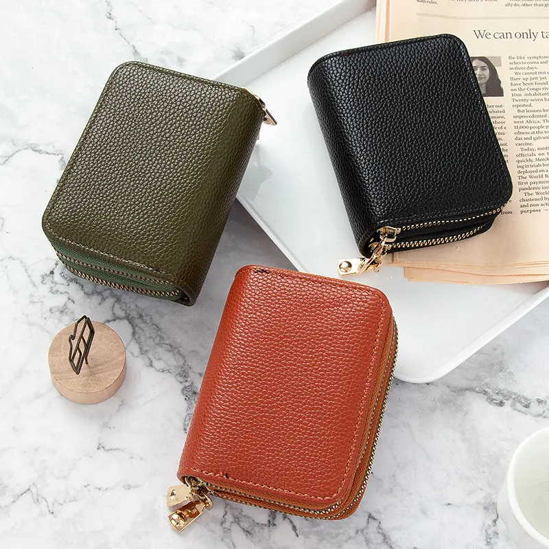 Tarjetero Para Mujer Cartera Cuero PU Textura Lichi Doble Cremallera Gran Capacidad Monedero Para Damas