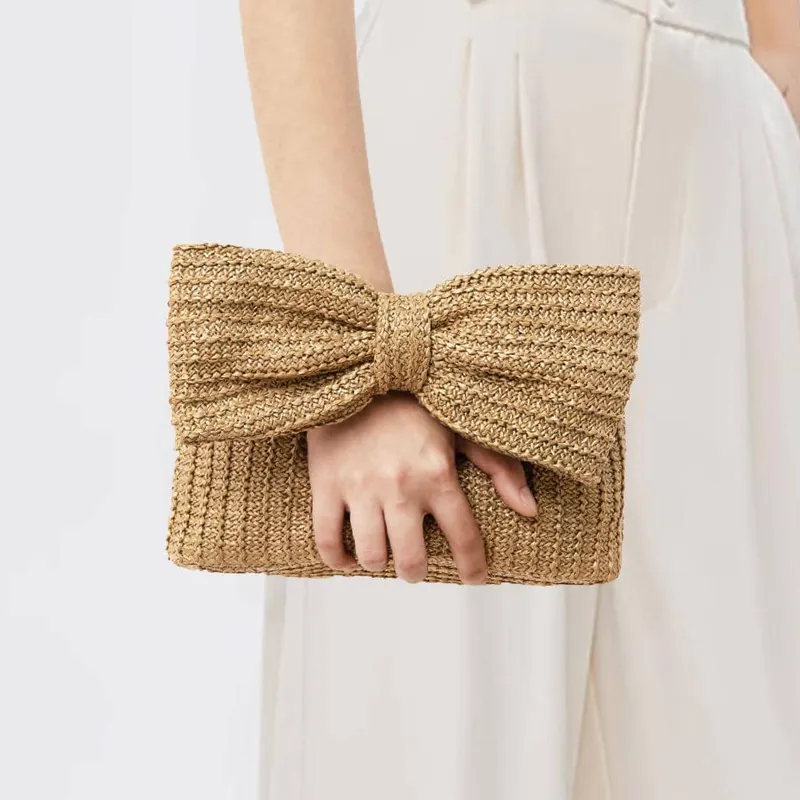 Women Straw Woven Bow Knot Handbag Summer Beach Vacation Clutch Fashionable Zipper Casual Travel Purse Elegant