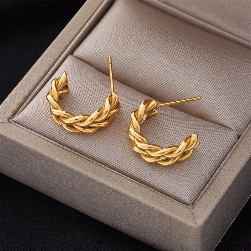 Twisted Braid Hoop Earrings Stainless Steel C-Shaped Gold Plated Minimalist Fashion Jewelry For Women