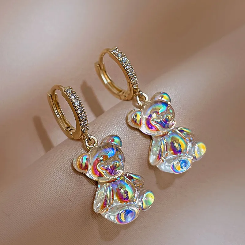 Cute Bear Drop Hoop Earrings Aurora Resin Pendant Copper Cubic Zirconia With Silver Earring Post Sweet Aesthetic For Women