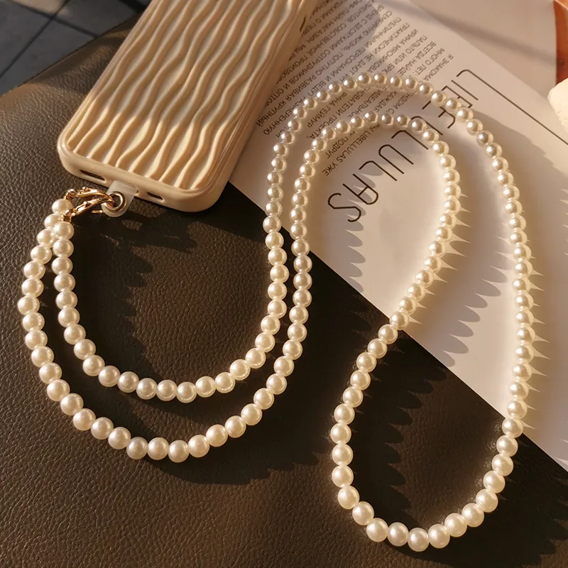 Elegant Long Crossbody Artificial Pearl Phone Lanyard Handmade Faux Artificial Pearl Chain With Metal Buckle And Patch For Women Detachable