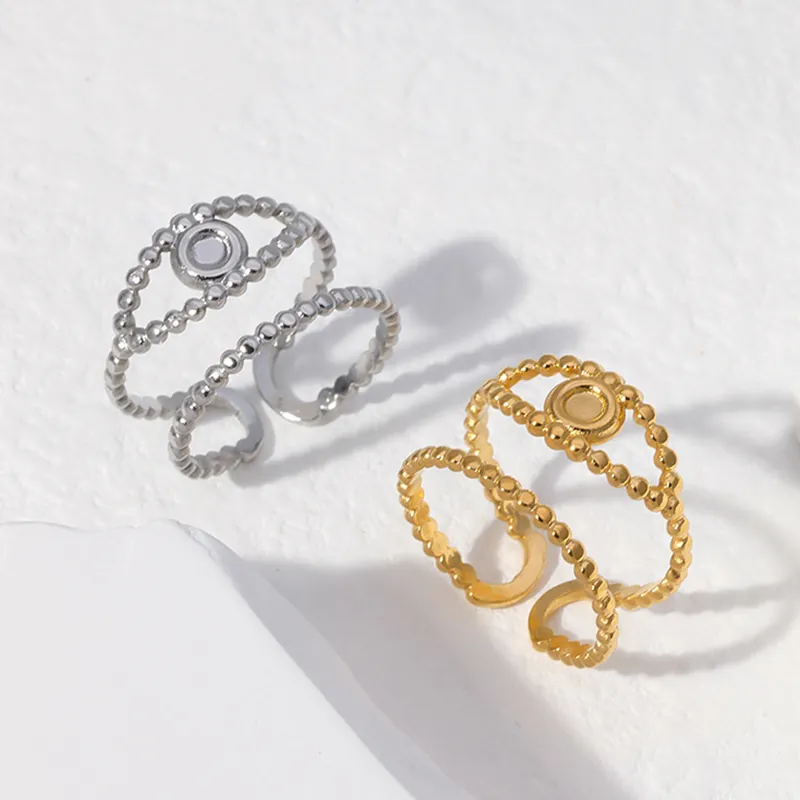 Bague Ouverte En Acier Inoxydable Pour Femmes Plaqué Or 18K Multicouche Perles Creux Disque Rond Bijoux Fantaisie