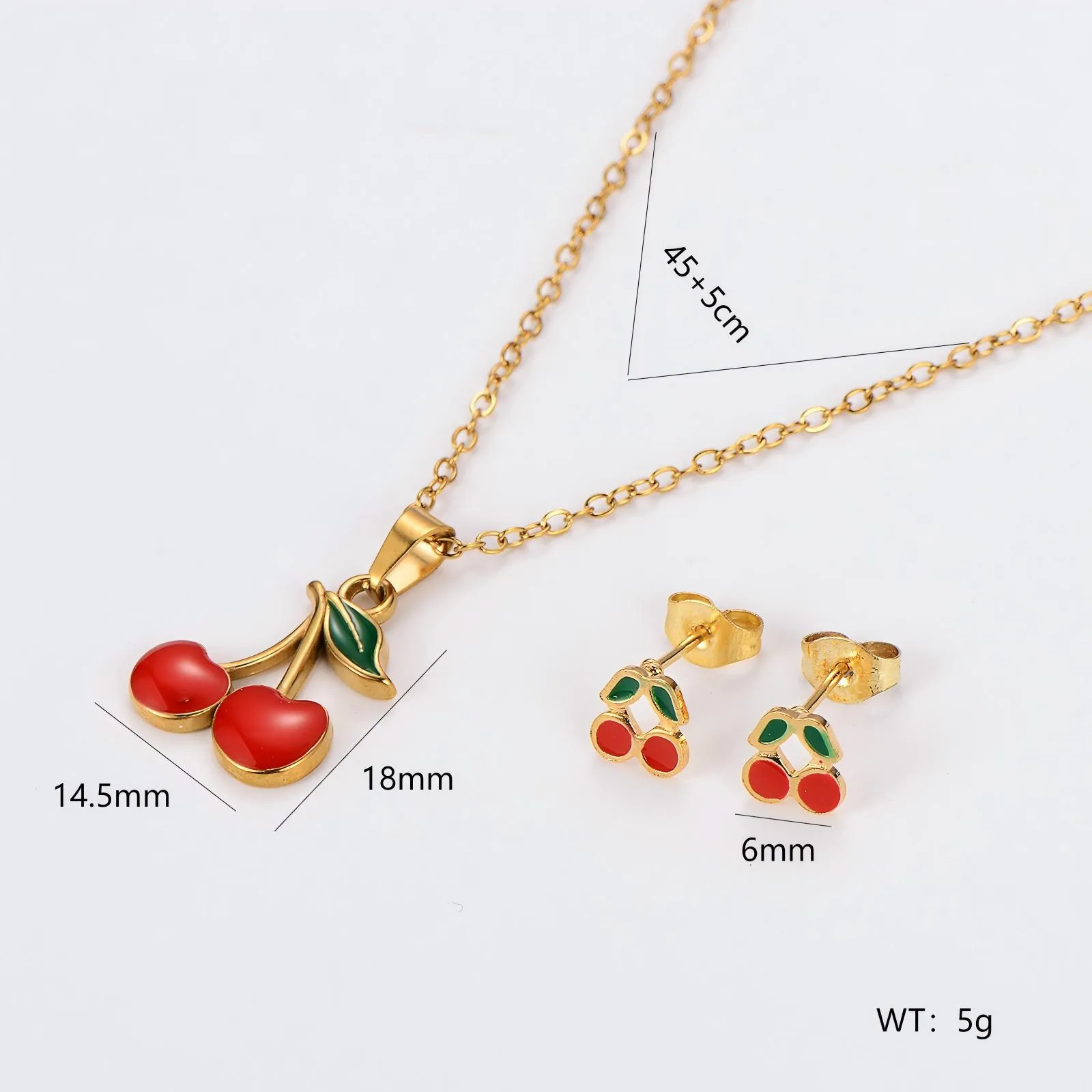 Cherry Pendant Necklace And Earrings Stainless Steel Enamel 18K Gold Plated Fruit Jewelry Fashion Elegant Accessory