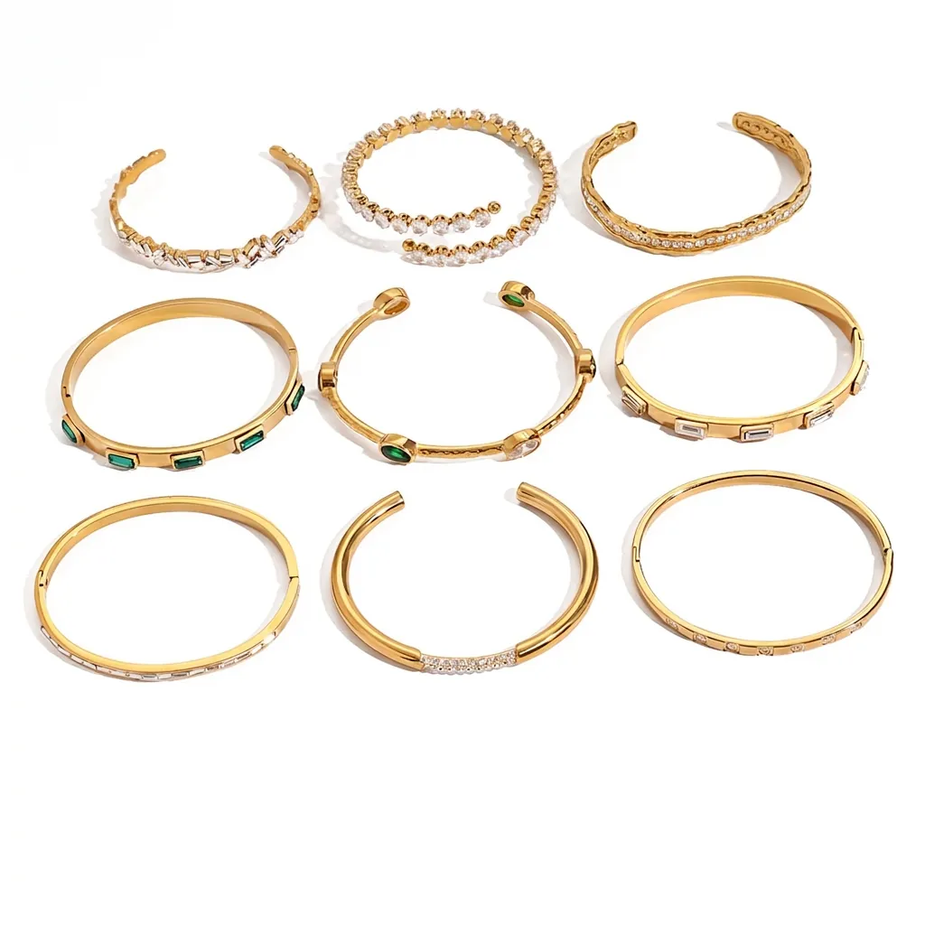 Bracelet Jonc En Acier Inoxydable Plaqué Or Pour Femmes Étanche Zircone Cubique Vert Blanc Luxe Manchette Bijoux