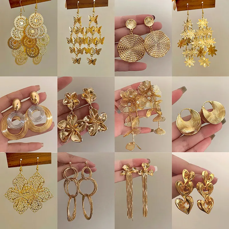 Boucles D'oreilles Pendantes À Gland Pour Femmes Alliage Papillon Feuille Paillettes Géométriques Avec Tige En Argent 925