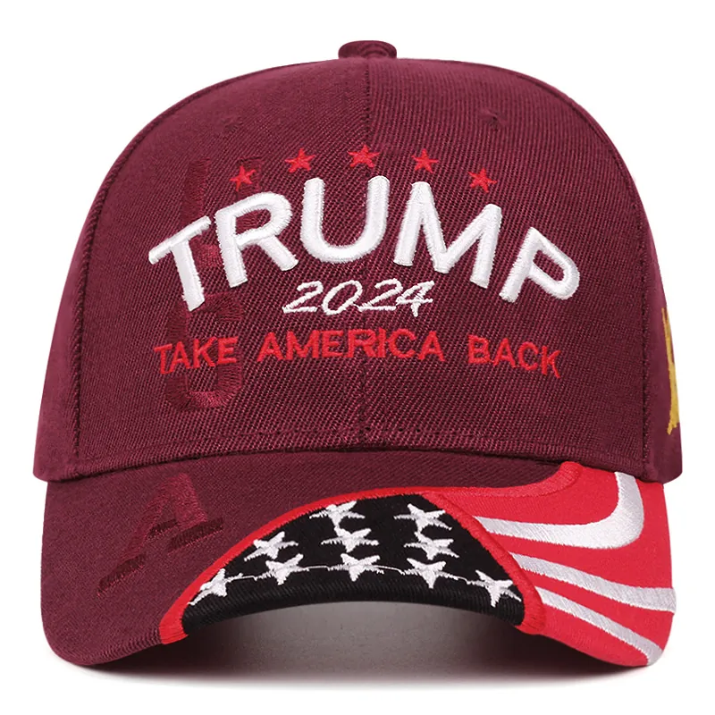 Cotton Baseball Cap Embroidered American Flag Campaign Slogan Adjustable Sun Hat Outdoor Burgundy Breathable