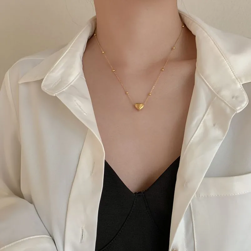 Minimalist Titanium Steel Heart Pendant Necklace For Women Elegant Gold Rose Gold Silver Beaded Chain Choker Fashion Jewelry