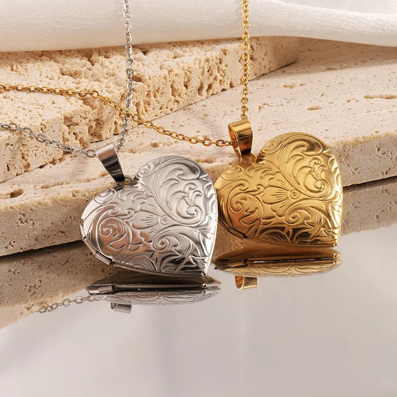 Collier Médaillon Coeur Acier Inoxydable Gravé Floral Vintage Pendentif Cadre Photo Ouvrable Pour Femmes