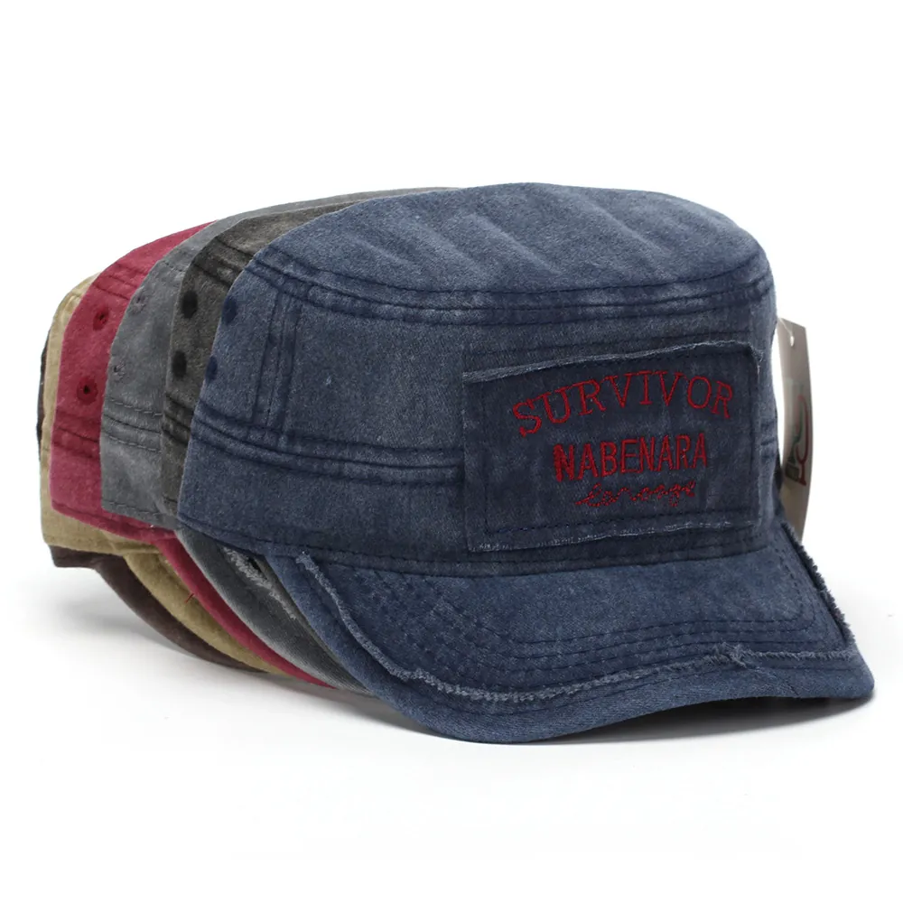 Washed Cotton Flat Top Cadet Cap Vintage Distressed Military Hat With Letter Embroidery Adjustable Sun Protection