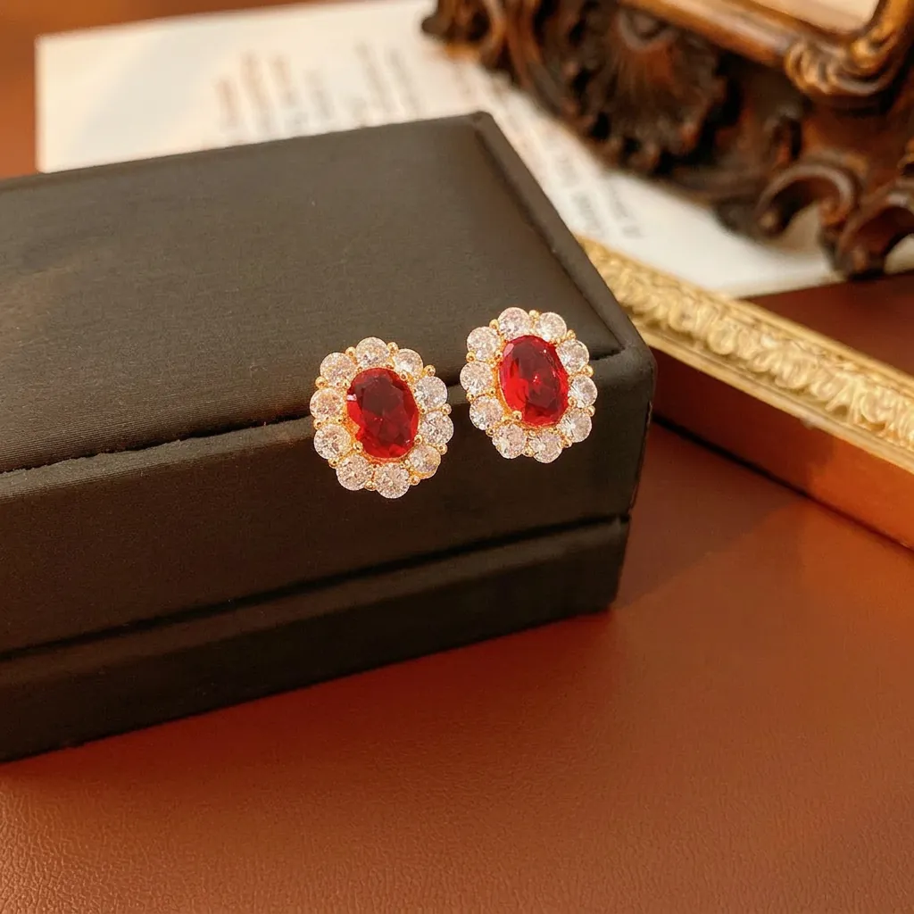 Vintage Ovale Rote Zirkon Ohrstecker Mit Silber Earring Post Kupfer Halo Exquisiter Schmuck Für Damen Luxus Stil