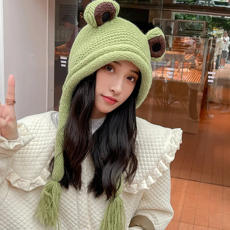 Damen Süße Frosch Strickmütze Winter Warme Kaninchenhaar Ohrenschutz Mütze Cartoon Design Weiche Kappe Mit Quasten Zum Radfahren