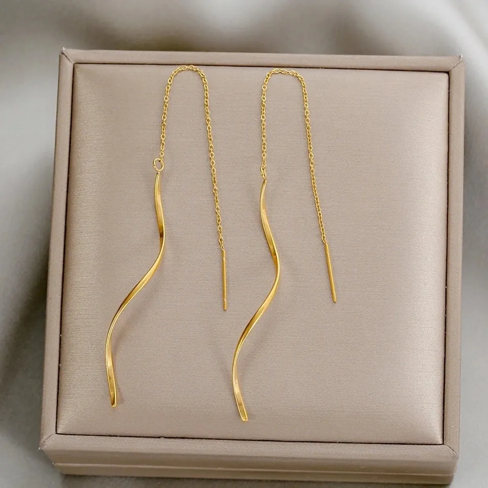 Boucles D'oreilles Pendantes Vagues Acier Inoxydable Longues Glands Élégant Minimaliste Moderne Bijoux Femmes