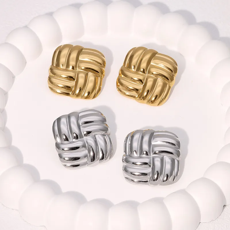 Square Woven Texture Stud Earrings Stainless Steel Geometric Minimalist High End Fashion Accessories Women