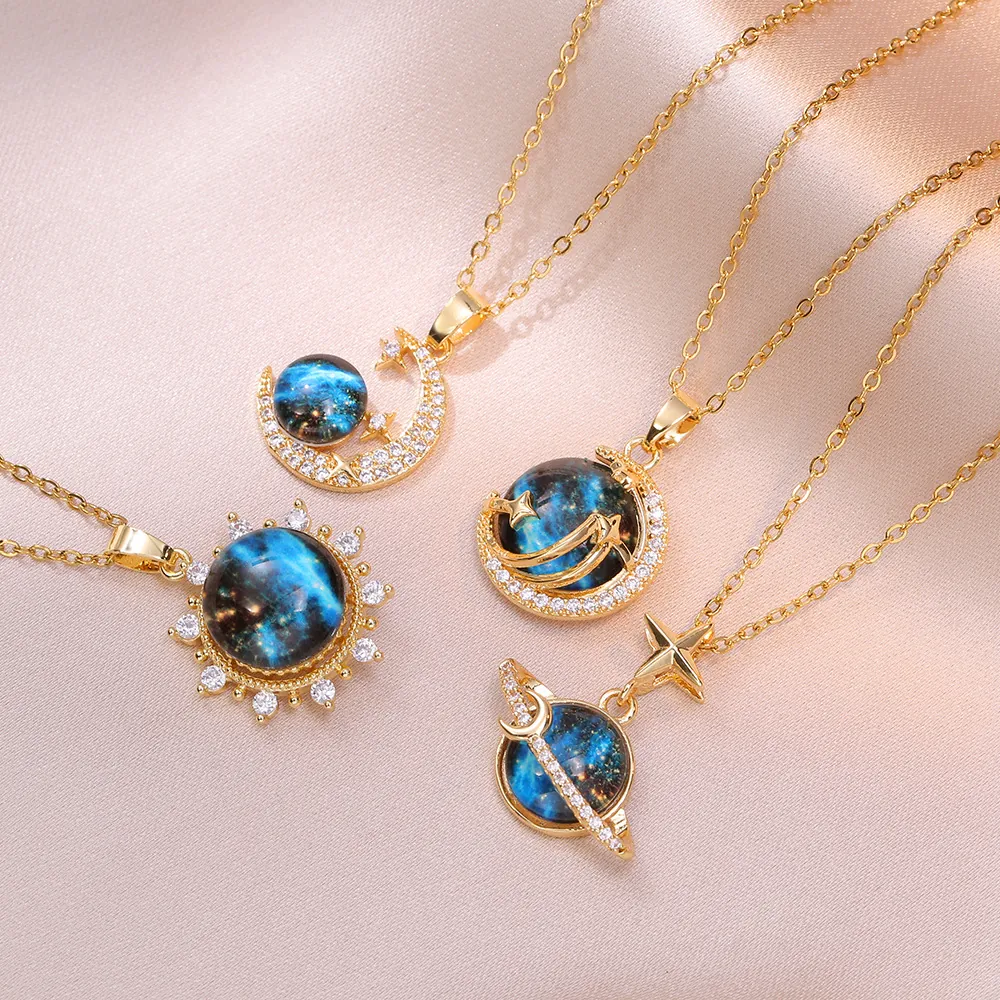 Galaxy Planet Pendant Necklace Titanium Steel Zircon Inlaid Moon Star Dreamy Universe Jewelry For Women Girls Elegant