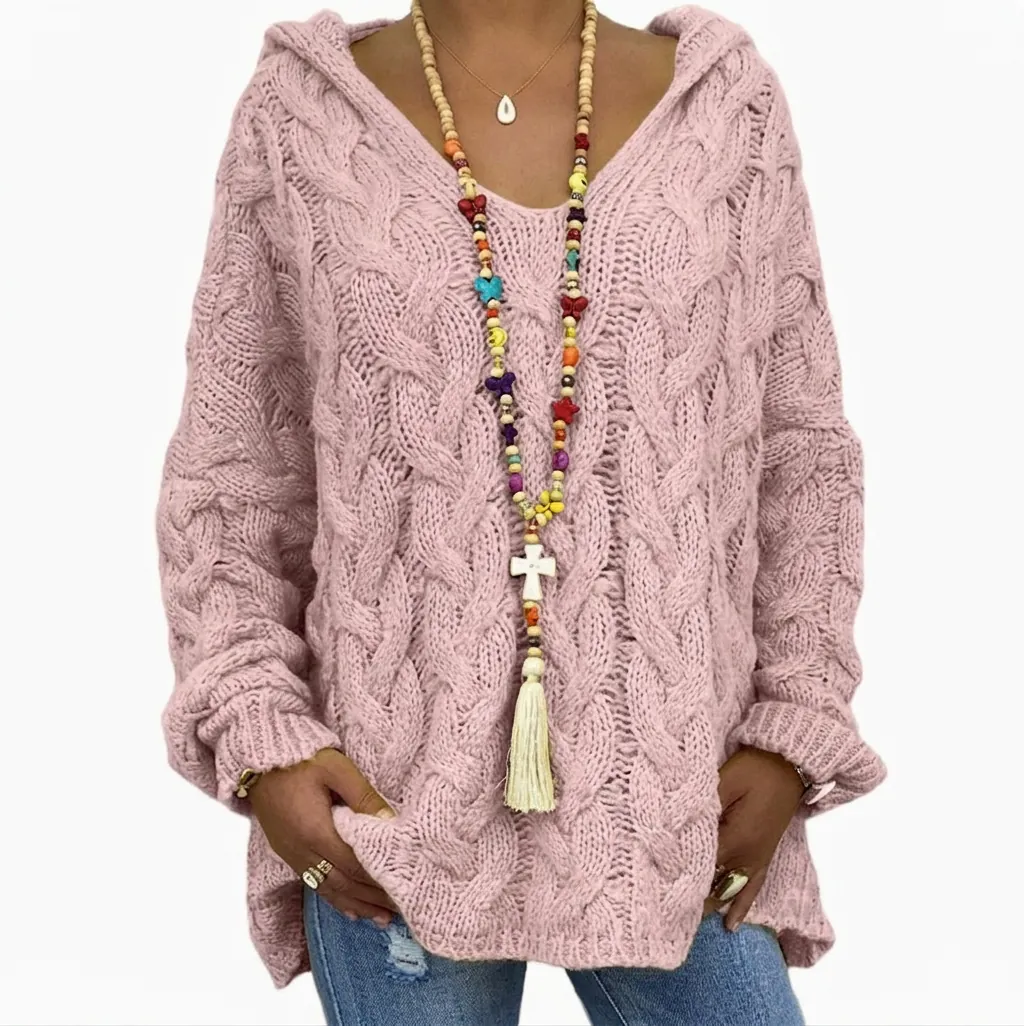 Cable Knit Sweater Hoodie Women Hooded Pullover Long Sleeve Loose Casual Mohair Knitted Top