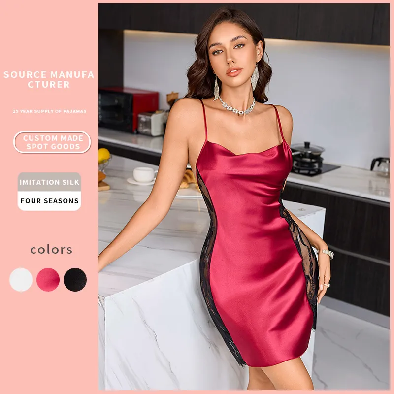 Nuisette Sexy En Satin Pour Femmes Pyjama En Satin Imitation Avec Dentelle Florale Patchwork Camisole Dos Nu Col Bénitier