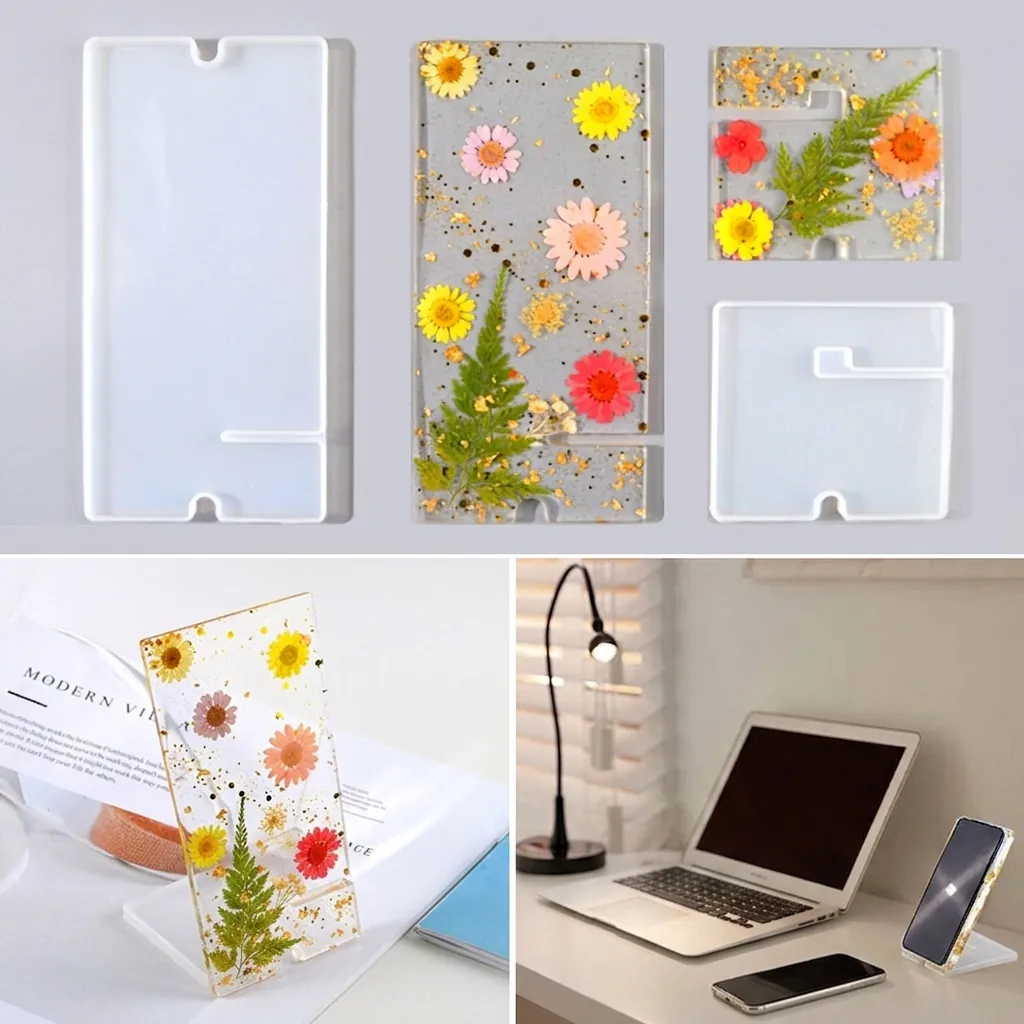 DIY Epoxy Resin Phone Holder Silicone Mold Set Rectangle Desktop Mobile Stand Bracket Casting Molds For Home Office Craft