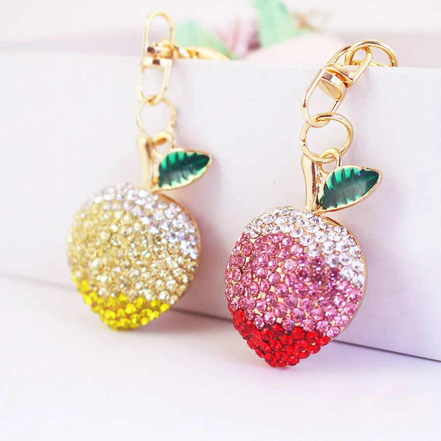 Cute Alloy Rhinestone Peach Apple Fruit Shape Keychain For Women Bag Pendant Charm Gold Tone Metal Key Ring Jewelry Gift