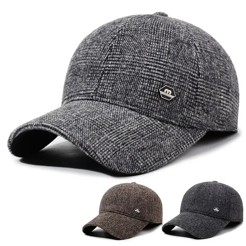 Men Winter Baseball Cap Woolen Plaid Thermal Windproof Peaked Hat With Ear Flaps Outdoor Adjustable