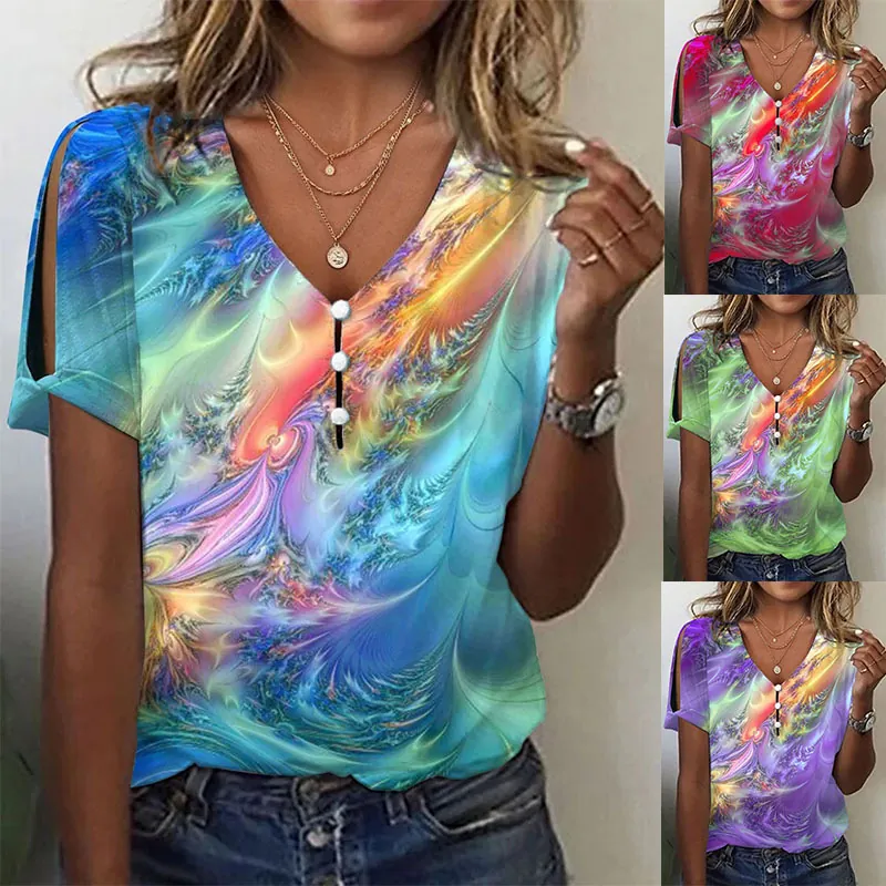 Women Casual Polyester V-Neck T-Shirt Tie Dye Abstract Print Cold Shoulder Top With Buttons Short Sleeve Summer Clothing