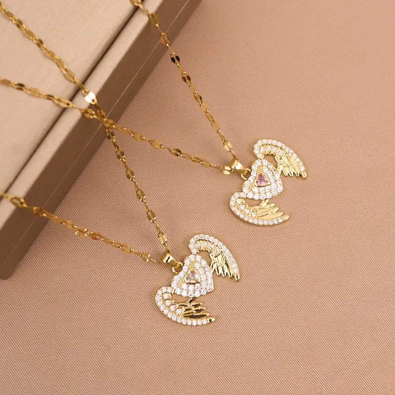 Titanium Steel Copper Heart Wing Pendant Necklace Zircon Encrusted Elegant Guardian Heart Fashion Jewelry For Women