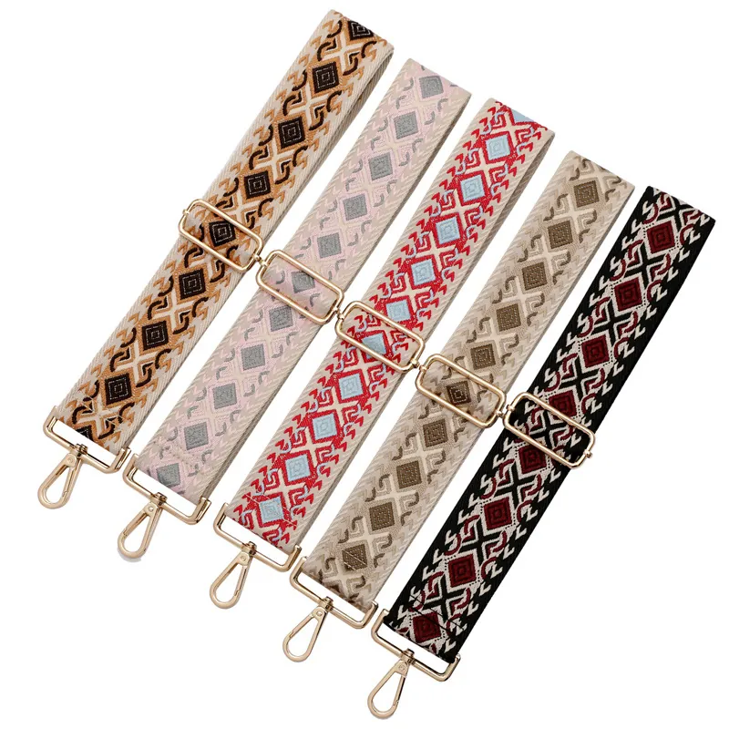 Ethnic Style Bag Strap Replacement Wide Geometric Diamond Pattern Adjustable Woven Polyester Shoulder Belt With Metal Buckle