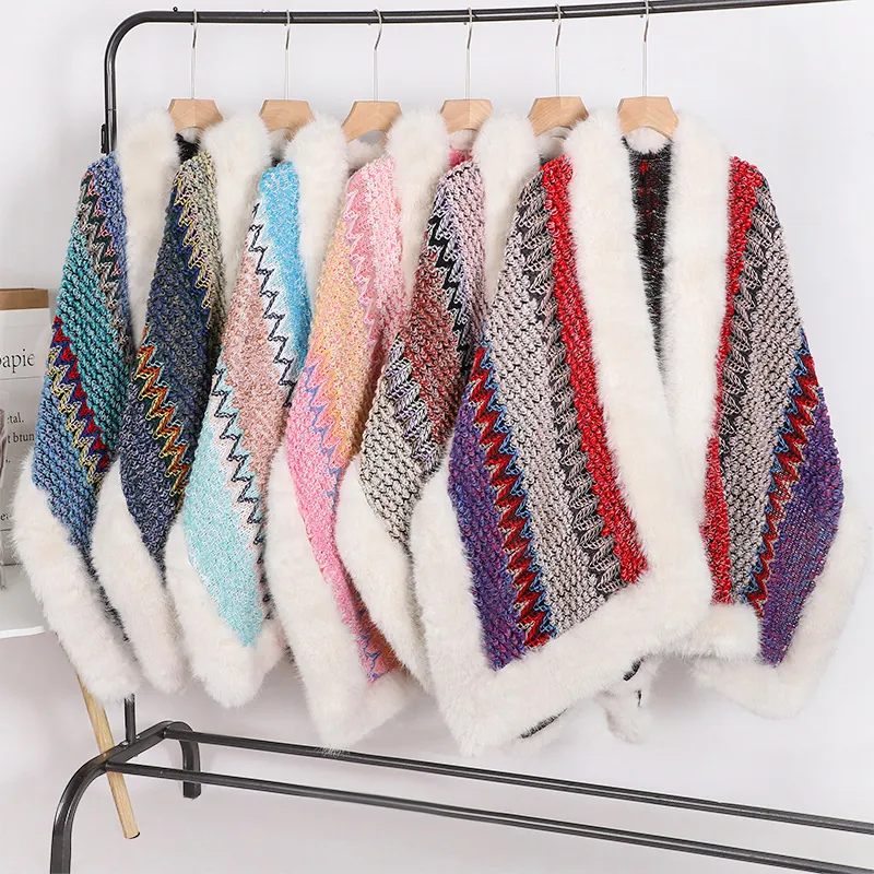 Women Faux Fur Collar Knitted Shawl Cape Ethnic Bohemian Wave Pattern Warm Cardigan Cloak Outerwear For Winter Travel
