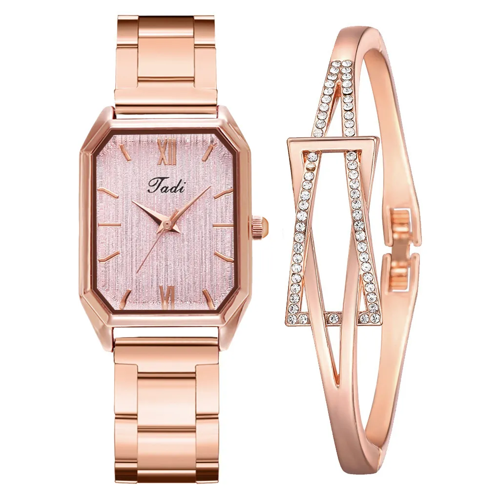 Women Quartz Watch And Rhinestone Bracelet Rose Gold Alloy Rectangular Dial Roman Numerals Elegant Accessory
