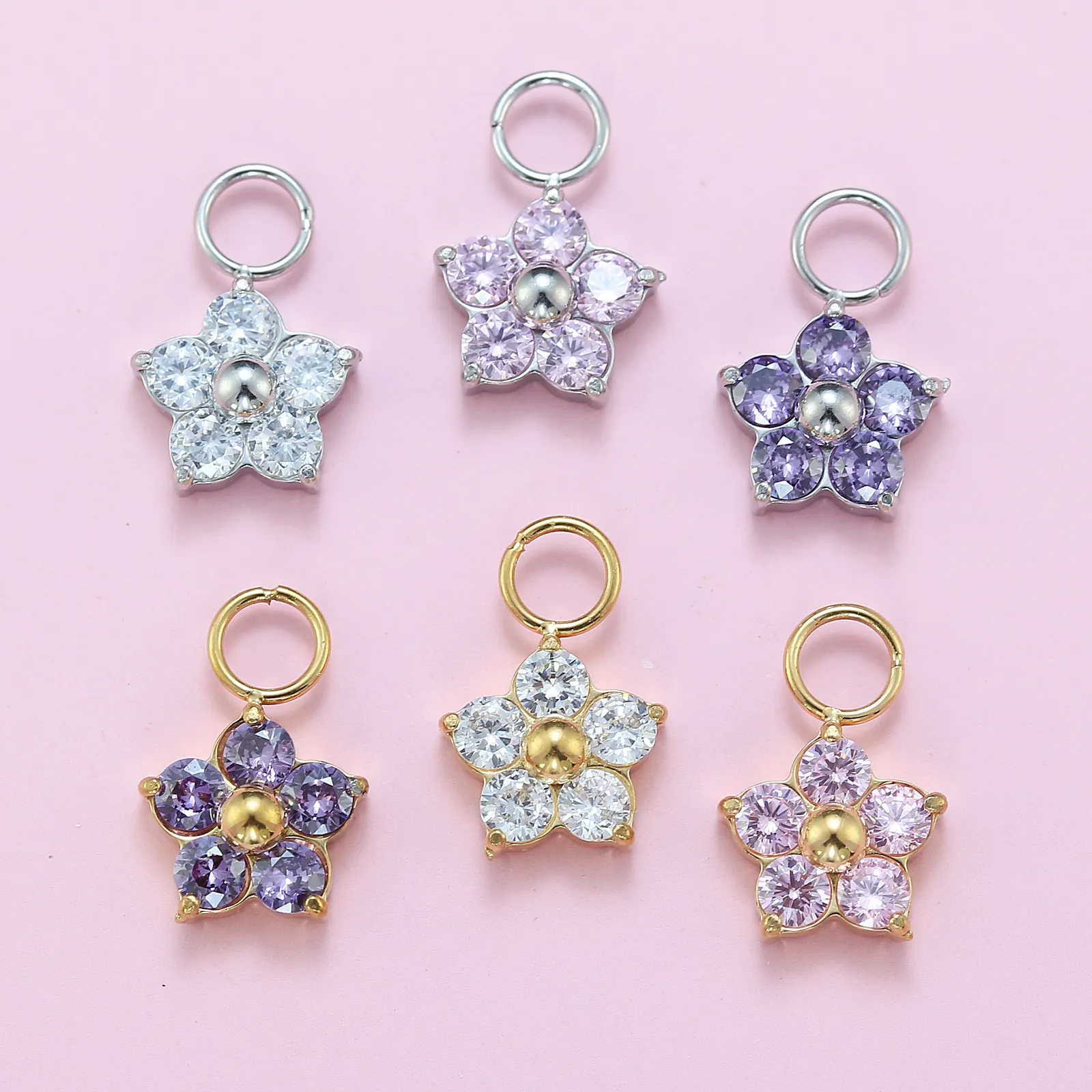 Stainless Steel Plum Blossom Flower Pendants With 3A Zircon DIY Jewelry Making Accessories For Earring Hoop Charms