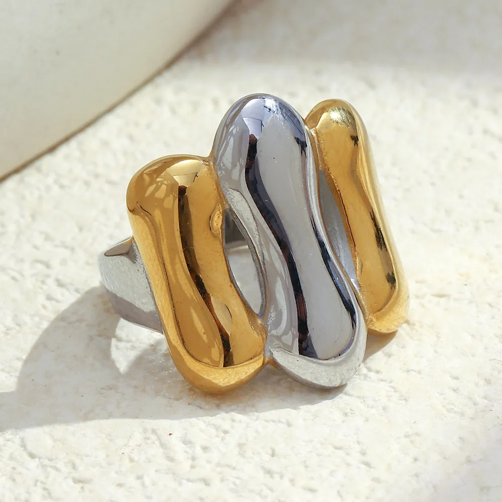 Anello Grosso Bicolore Acciaio Inossidabile Placcato Oro 18K Onda Liquida Geometrica Gioielli Per Donna