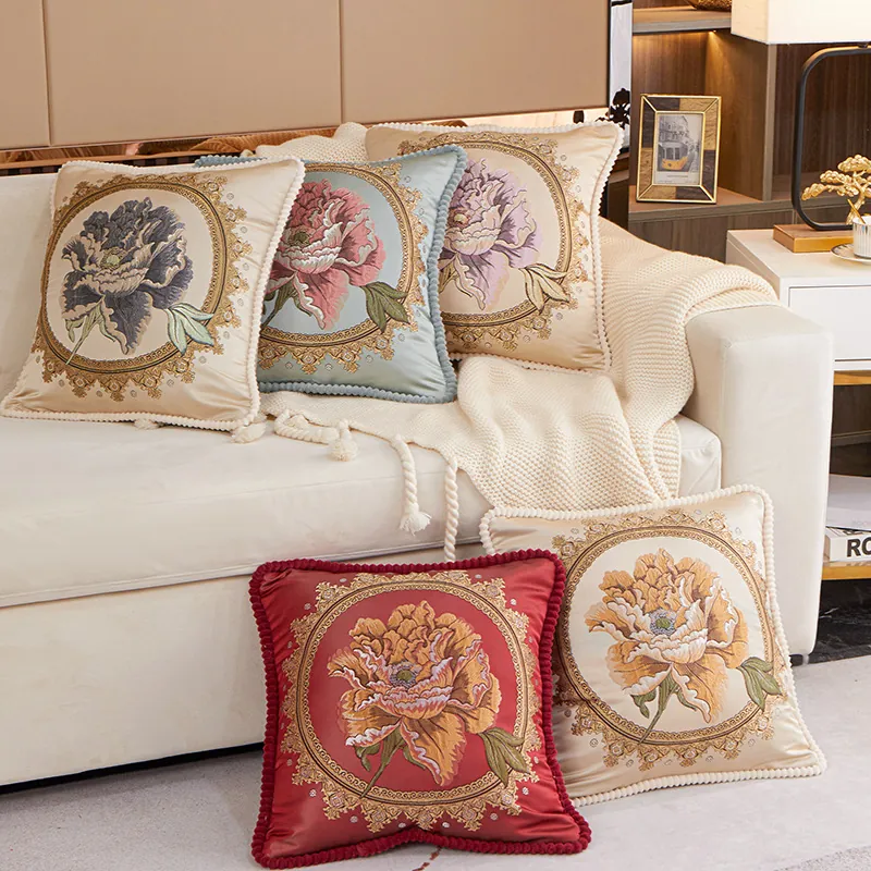 Luxuriöses Europäisches Vintage Blumen Stickerei Dekokissen Jacquard Satin Kissen Mit Quasten Für Sofa Couch Wohnzimmer Dekor