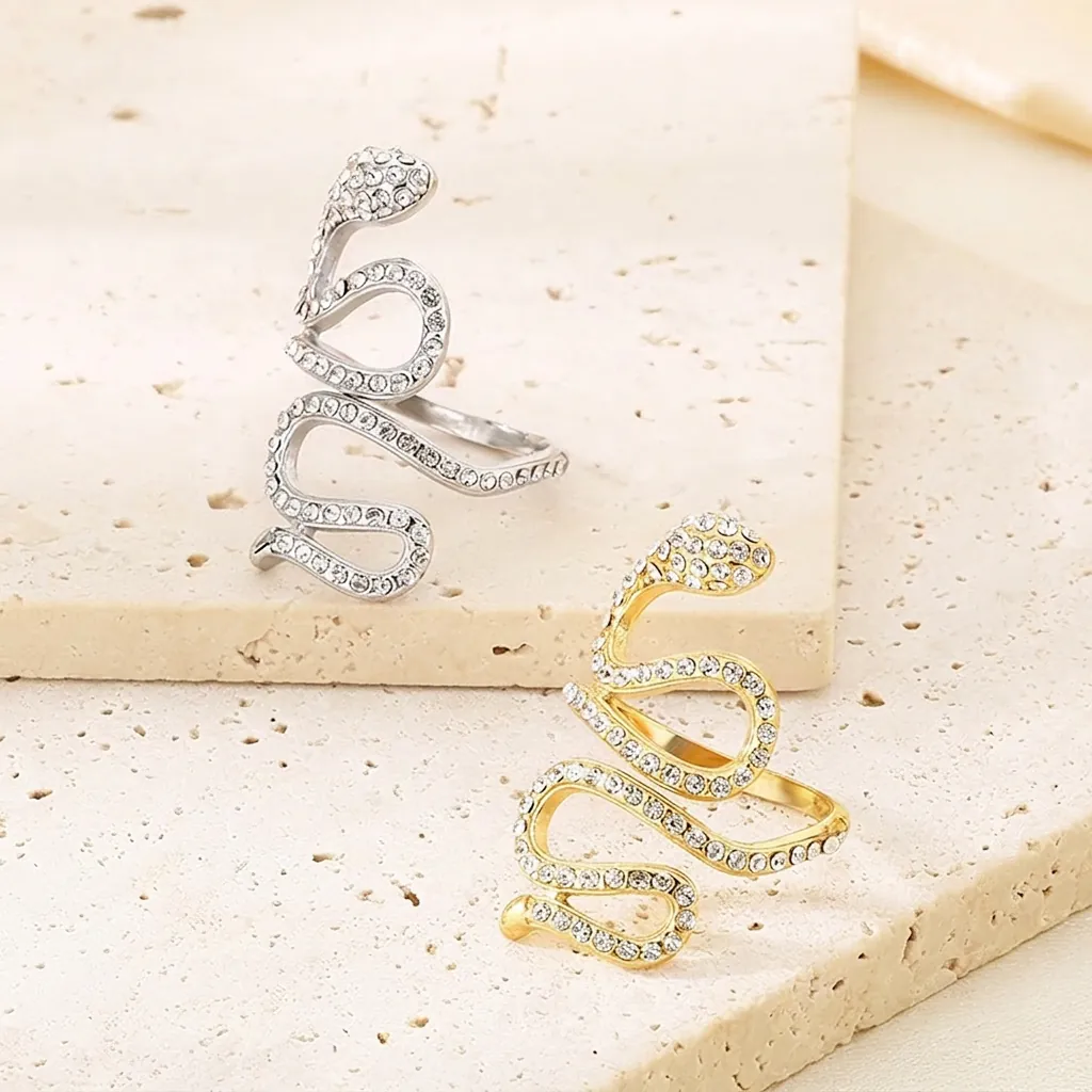 Anello Serpente Acciaio Inossidabile Placcato Oro 18K Strass Zircone Avvolgimento Animale Esagerato Alla Moda Per Donna