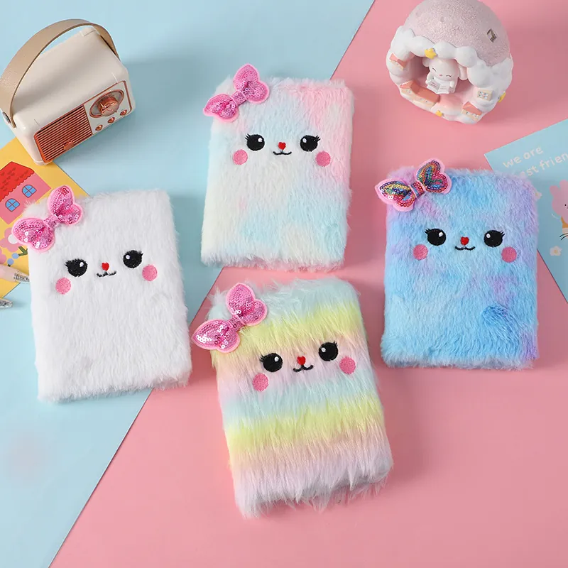 Quaderno Di Peluche Carino Diario Gatto Pelliccia Sintetica Con Fiocco Di Paillettes Per Ragazze Studenti Cartoleria Kawaii